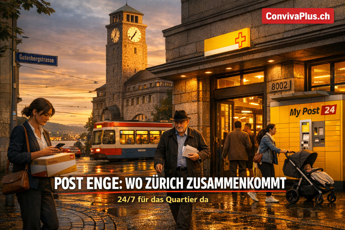 Post Z&uuml;rich Enge bei Sonnenuntergang mit historischem Bahnhofsgeb&auml;ude im Hintergrund. Diverse Quartierbewohner nutzen den 24/7 My Post 24 Automaten. Tram f&auml;hrt vorbei, warmes Licht auf Tessiner Granit. ConvivaPlus.ch Visualisierung des lokalen Service-Hubs.