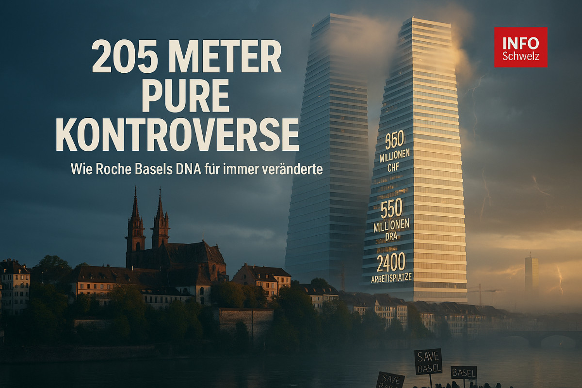 Die beiden Roche Tower in Basel von Herzog & de Meuron dominieren die Skyline: Tower 2 mit 205 Metern und 50 Stockwerken ist das höchste Gebäude der Schweiz, Tower 1 misst 178 Meter. Die weissen Pharma-Wolkenkratzer mit 550 Millionen Franken Investition für Tower 2 überragen das historische Basler Münster um 138 Meter und schaffen 2400 Arbeitsplätze. Morgennebel umhüllt die Altstadt während die Türme in die Sonnenstrahlen ragen.