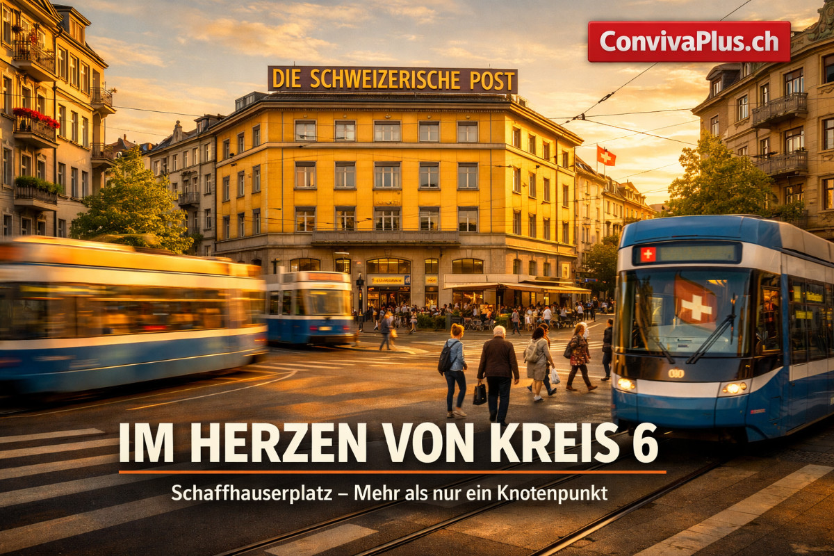Schaffhauserplatz Z&uuml;rich bei Sonnenuntergang mit Postfiliale und mehreren Tramlinien. Lebendiger Verkehrsknotenpunkt im Herzen von Kreis 6 Unterstrass. Fussg&auml;nger und urbanes Quartier-Leben.