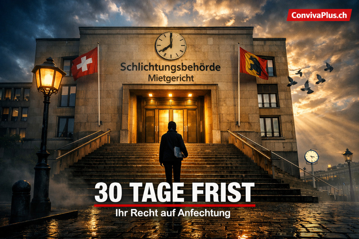 Schlichtungsbehörde Schweiz - Mietzinserhöhung anfechten innerhalb 30 Tage Frist | Kostenlos und rechtssicher | ConvivaPlus.ch Dramatische Aufnahme eines Schweizer Amtsgebäudes mit Schlichtungsbehörde, eine einzelne Person steht entschlossen vor der imposanten Steintreppe, Sonnenstrahlen durchbrechen die Wolken über dem Eingang - symbolisiert den Mut von Mietern ihre Rechte bei der Schlichtungsbehörde einzufordern. Die 30-Tage-Anfechtungsfrist als zentrales Element.