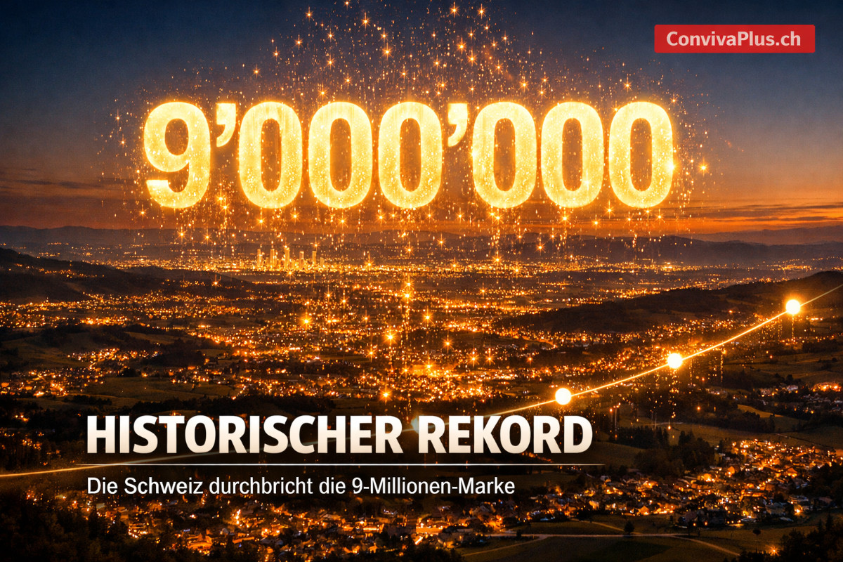 Luftaufnahme der Schweiz bei Sonnenuntergang mit leuchtender Zahl 9 Millionen &uuml;ber der Landschaft. Visualisierung des historischen Bev&ouml;lkerungsrekords der Schweiz mit &uuml;ber 9 Millionen Einwohnern. St&auml;dte und D&ouml;rfer im Mittelland sichtbar.