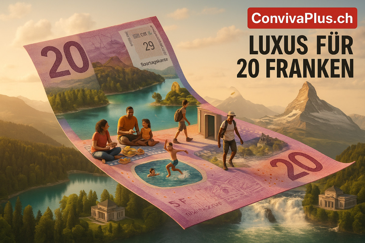 Luxus für 20 CHF: Die besten günstigen Ausflüge der Schweiz 20-Franken-Note als Zauberteppich über Schweizer Ausflugsziele - günstige Freizeittipps für Familien unter 20 CHF