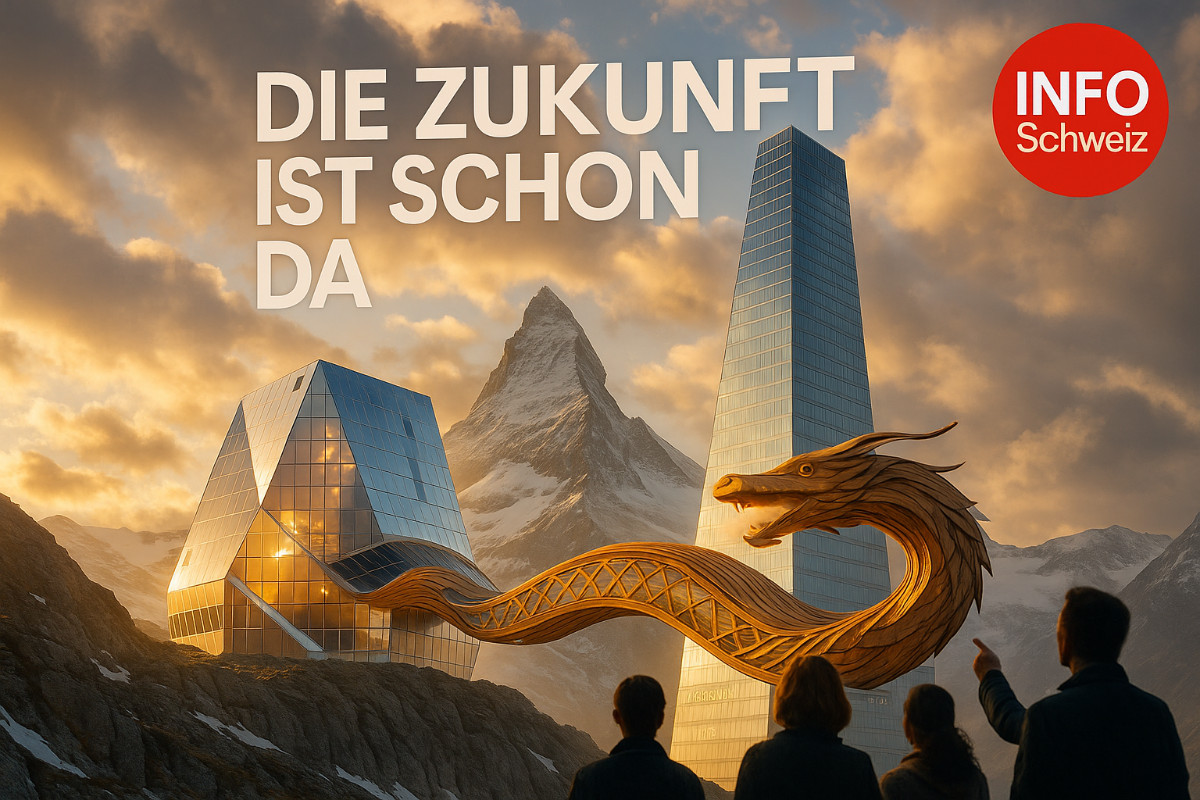 Fotorealistische Komposition zeigt die Verschmelzung von drei ikonischen Schweizer Avantgarde-Bauten: Die futuristische Monte Rosa Hütte auf 2883m Höhe (silberner Bergkristall mit Solarpanels), den 205 Meter hohen Roche Tower 2 in Basel (höchstes Gebäude der Schweiz) und den schlangenförmigen Holz-Hauptsitz von Swatch in Biel (240m Länge). Die Gebäude sind durch surreale Perspektive verbunden, symbolisieren Schweizer Architektur-Innovation von Alpen bis Stadt. Goldene Stunde, dramatische Beleuchtung, INFO Schweiz Logo oben rechts, Headline die Zukunft ist schon Beobachter-Silhouetten im Vordergrund zeigen