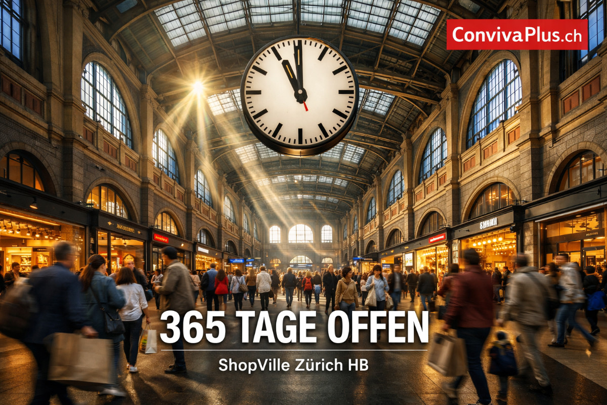 ShopVille Z&uuml;rich Hauptbahnhof: Die majest&auml;tische Bahnhofshalle mit ihren historischen Eisenb&ouml;gen und der ikonischen SBB-Uhr, darunter belebtes Sonntagsshopping in warm beleuchteten Gesch&auml;ften - 365 Tage im Jahr ge&ouml;ffnet