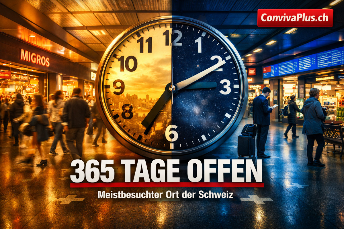 ShopVille Z&uuml;rich Hauptbahnhof im Split-Screen Tag und Nacht - links gesch&auml;ftiges Treiben bei Tageslicht mit Einkaufenden, rechts n&auml;chtliche Atmosph&auml;re mit vereinzelten Besuchern. Uhr in der Mitte symbolisiert 365 Tage &Ouml;ffnung. &Uuml;ber 190 Gesch&auml;fte auf drei Etagen, 450000 Besucher t&auml;glich, meistbesuchter Geb&auml;udekomplex der Schweiz.
