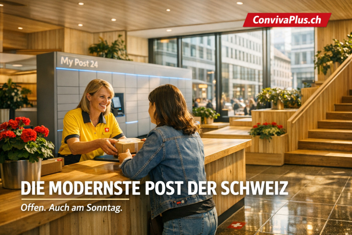 Innenansicht der modernisierten Sihlpost Zuerich mit offenen Schaltern ohne Glastrennwand. Mitarbeiterin im gelben Post-Uniform beraet Kundin am Holztresen. Modernes Design mit Eichenholz und Pflanzen. My Post 24 Automat im Hintergrund. Groesste Postfiliale der Schweiz am Hauptbahnhof Zuerich mit Sonntagsoeffnung.