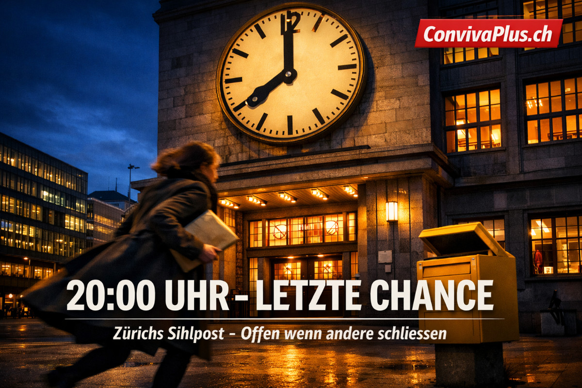Historisches Sihlpost-Geb&auml;ude Z&uuml;rich bei D&auml;mmerung mit eilender Gesch&auml;ftsfrau vor beleuchtetem Eingang. Uhr zeigt kurz vor 20 Uhr - letzte Briefkasten-Leerung. Art-Deco-Architektur von 1929 beim Hauptbahnhof Europaallee. Eine der wenigen Schweizer Postfilialen mit Sonntags&ouml;ffnung.