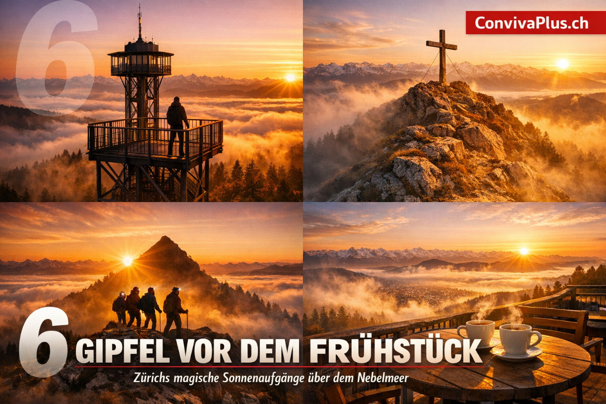 Vierteilige Bildcollage zeigt Sonnenaufgangs-Wanderungen rund um Z&uuml;rich: Bachtelturm 75 Meter &uuml;ber Nebelmeer, Schnebelhorn 1292 m h&ouml;chster Punkt Kanton Z&uuml;rich, H&ouml;rnli-Gipfel mit Wanderern bei Morgend&auml;mmerung, Uetliberg Uto Kulm Fr&uuml;hst&uuml;cksterrasse. Goldene Stunde &uuml;ber den Z&uuml;rcher Hausbergen mit dramatischem Nebelmeer und Alpenblick.