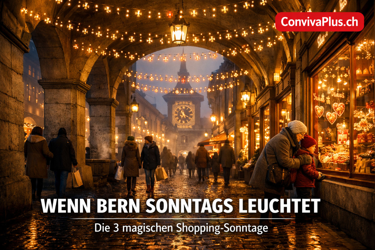 Beleuchtete Berner Lauben w&auml;hrend des Advents-Sonntagsverkaufs mit Blick auf den Zytglogge. Weihnachtliche Atmosph&auml;re in der historischen Kramgasse mit Shopping-Bummlern unter den goldenen Lichterketten. Die ikonischen Arkaden erstrahlen im warmen Schein der traditionellen Berner Weihnachtsbeleuchtung.