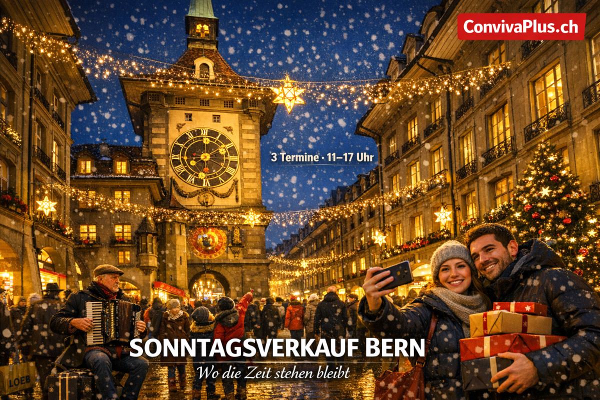 Der beleuchtete Zytglogge in Bern w&auml;hrend des Advents-Sonntagsverkaufs in der Abendd&auml;mmerung. Weihnachtlich geschm&uuml;ckte Kramgasse mit Shopping-Publikum unter dem historischen Zeitglockenturm. Blaue Stunde mit warmem Licht der Gesch&auml;fte und festlicher Weihnachtsbeleuchtung.