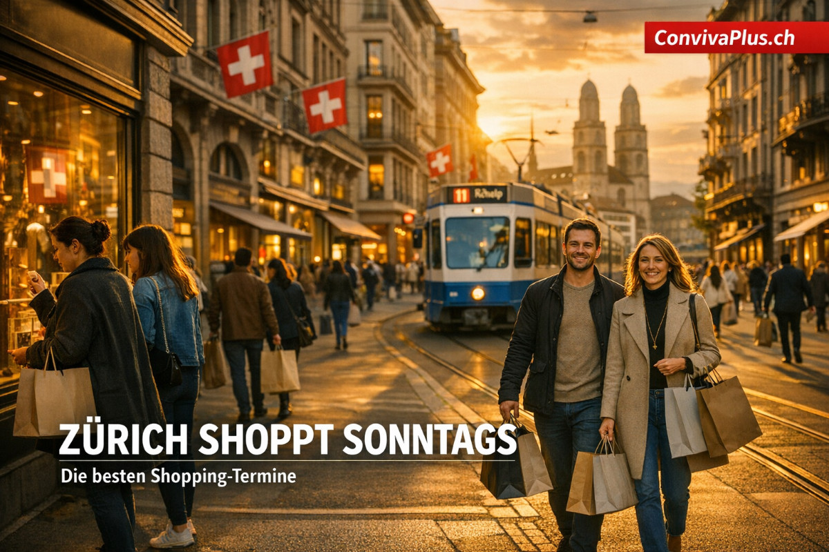 Sonntagsverkauf in Z&uuml;rich: Elegante Passanten mit Einkaufst&uuml;ten flanieren bei goldenem Licht &uuml;ber die Bahnhofstrasse, im Hintergrund das blaue Z&uuml;rcher Tram und das Grossm&uuml;nster - die ikonische Schweizer Shopping-Meile an einem der vier offiziellen Verkaufssonntage