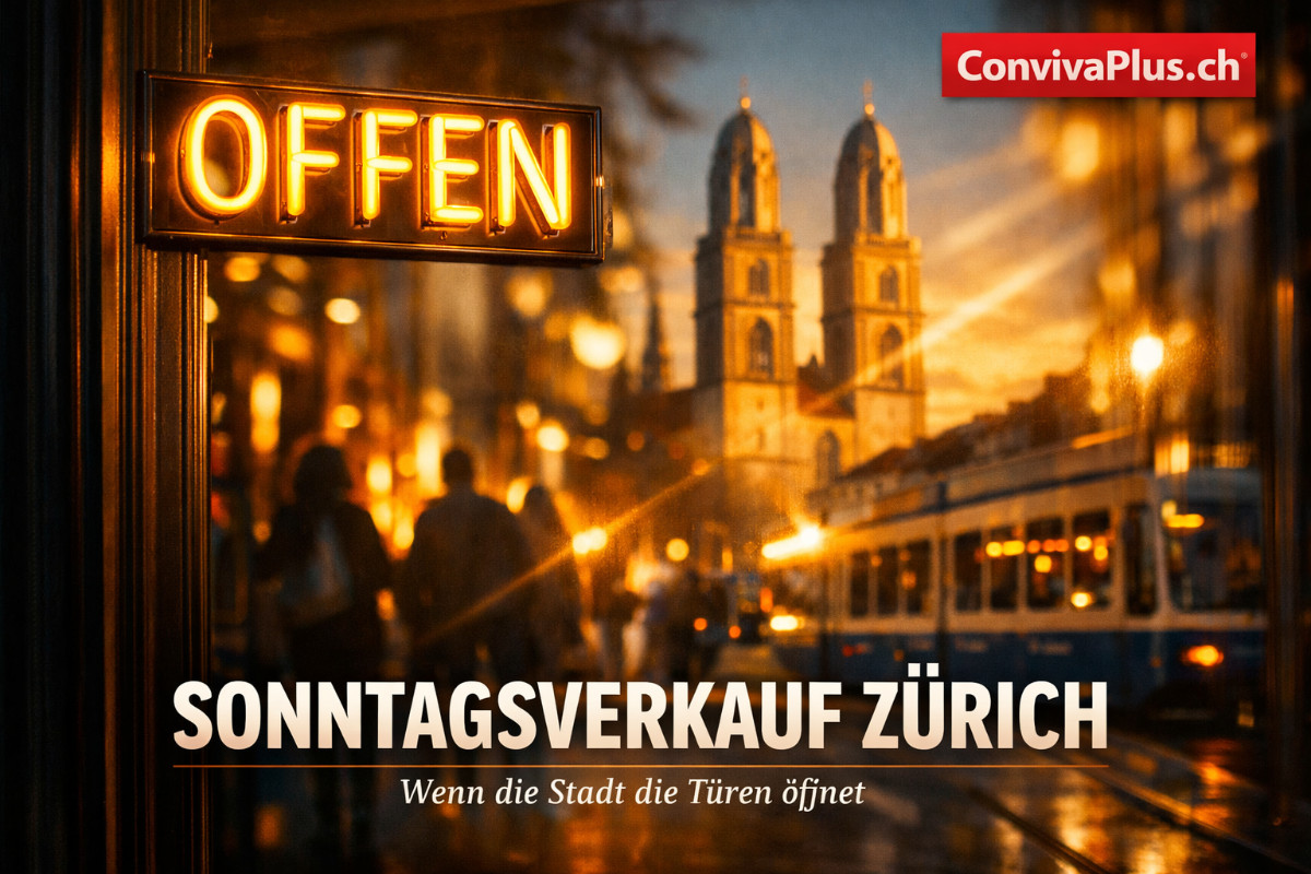 Sonntagsverkauf Z&uuml;rich: Warm leuchtendes OFFEN-Schild an einer Z&uuml;rcher Ladent&uuml;r bei goldenem Licht, im Schaufensterglas spiegelt sich das Grossm&uuml;nster - der ikonische Moment wenn die Stadt ihre T&uuml;ren &ouml;ffnet