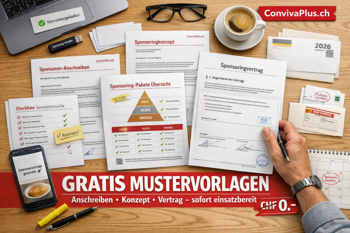 Komplettes Sponsoring-Vorlagen-Set zum kostenlosen Download: Professionelles Anschreiben, Sponsoringkonzept mit Paketen, rechtssicherer Vertrag und Checkliste auf Schweizer Schreibtisch. Alle Mustervorlagen sofort einsatzbereit f&uuml;r Vereine, Sportler und Events in der Schweiz, Deutschland und &Ouml;sterreich.