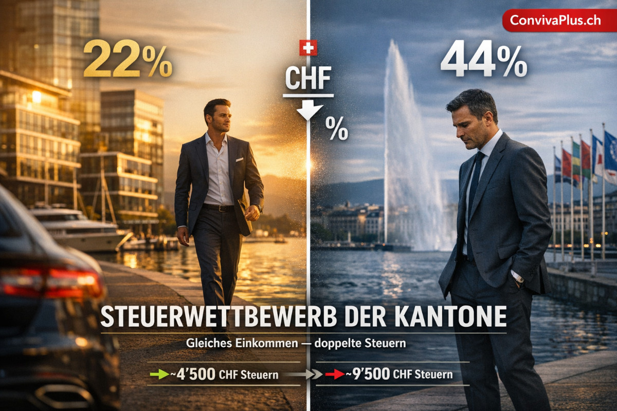Steuerwettbewerb der Schweizer Kantone im Split-Screen-Vergleich: Links Zug mit 22 Prozent Steuersatz am See mit modernen B&uuml;rot&uuml;rmen in warmen Goldt&ouml;nen, rechts Genf mit 44 Prozent und Jet d'Eau in k&uuml;hlerer Atmosph&auml;re - gleiches Einkommen, doppelte Steuern