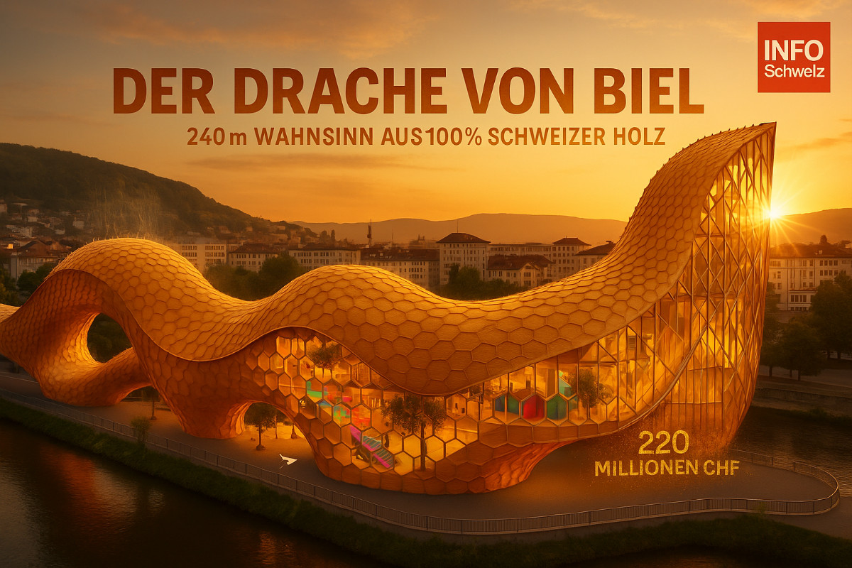 Fotorealistische Komposition zeigt die Verschmelzung von drei ikonischen Schweizer Avantgarde-Bauten: Die futuristische Monte Rosa Hütte auf 2883m Höhe (silberner Bergkristall mit Solarpanels), den 205 Meter hohen Roche Tower 2 in Basel (höchstes Gebäude der Schweiz) und den schlangenförmigen Holz-Hauptsitz von Swatch in Biel (240m Länge). Die Gebäude sind durch surreale Perspektive verbunden, symbolisieren Schweizer Architektur-Innovation von Alpen bis Stadt. Goldene Stunde, dramatische Beleuchtung, INFO Schweiz Logo oben rechts, Headline die Zukunft ist schon Beobachter-Silhouetten im Vordergrund zeigen