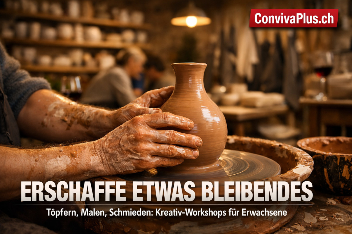 T&ouml;pferkurs f&uuml;r Erwachsene in der Schweiz: H&auml;nde formen nassen Ton auf drehender T&ouml;pferscheibe, warmes Atelierlicht, gem&uuml;tliche Workshop-Atmosph&auml;re mit fertigen Keramiken im Hintergrund. Kreative Auszeit vom Alltag.