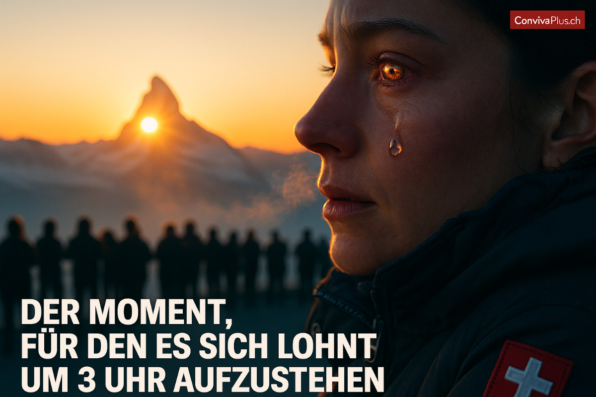 Der Moment der alles ändert - Sonnenaufgang Gornergrat macht sprachlos | 66 CHF für Gänsehaut | ConvivaPlus.ch Nahaufnahme: Frau mit Träne der Rührung beim Sonnenaufgang am Gornergrat. In ihrer Träne spiegelt sich das rosa leuchtende Matterhorn. Unscharfer Hintergrund zeigt andere bewegte Zuschauer. Der emotionale Moment, der Fremde zu einer schweigenden Familie macht.