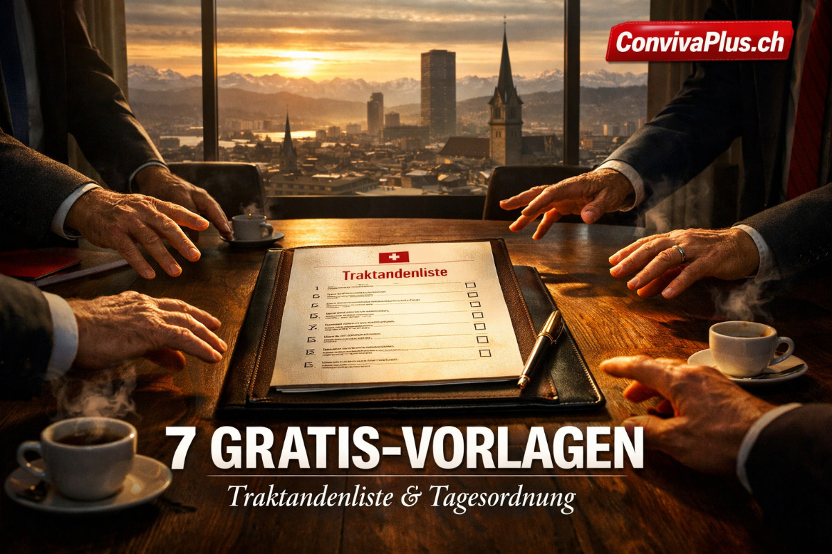 Professionelle Vereinssitzung mit Traktandenliste: Vorstandsmitglieder an Konferenztisch mit Dokumenten, moderne B&uuml;roumgebung, konstruktive Diskussion bei der Generalversammlung