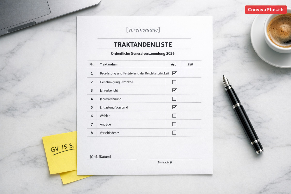 Professionelle Traktandenliste Mustervorlage zum Ausdrucken: A4-Dokument mit nummerierten Tagesordnungspunkten f&uuml;r Generalversammlung, &uuml;bersichtliche Tabellenstruktur mit Spalten f&uuml;r Traktandum und Beschlussart, Swiss Design &Auml;sthetik.