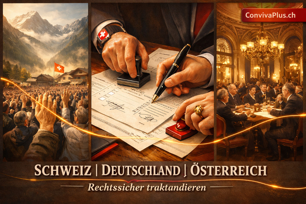 DACH-Vergleich der Begriffe: Traktandenliste (Schweiz), Tagesordnung (Deutschland und &Ouml;sterreich), Agenda (international) - Infografik mit Flaggen und Definitionen