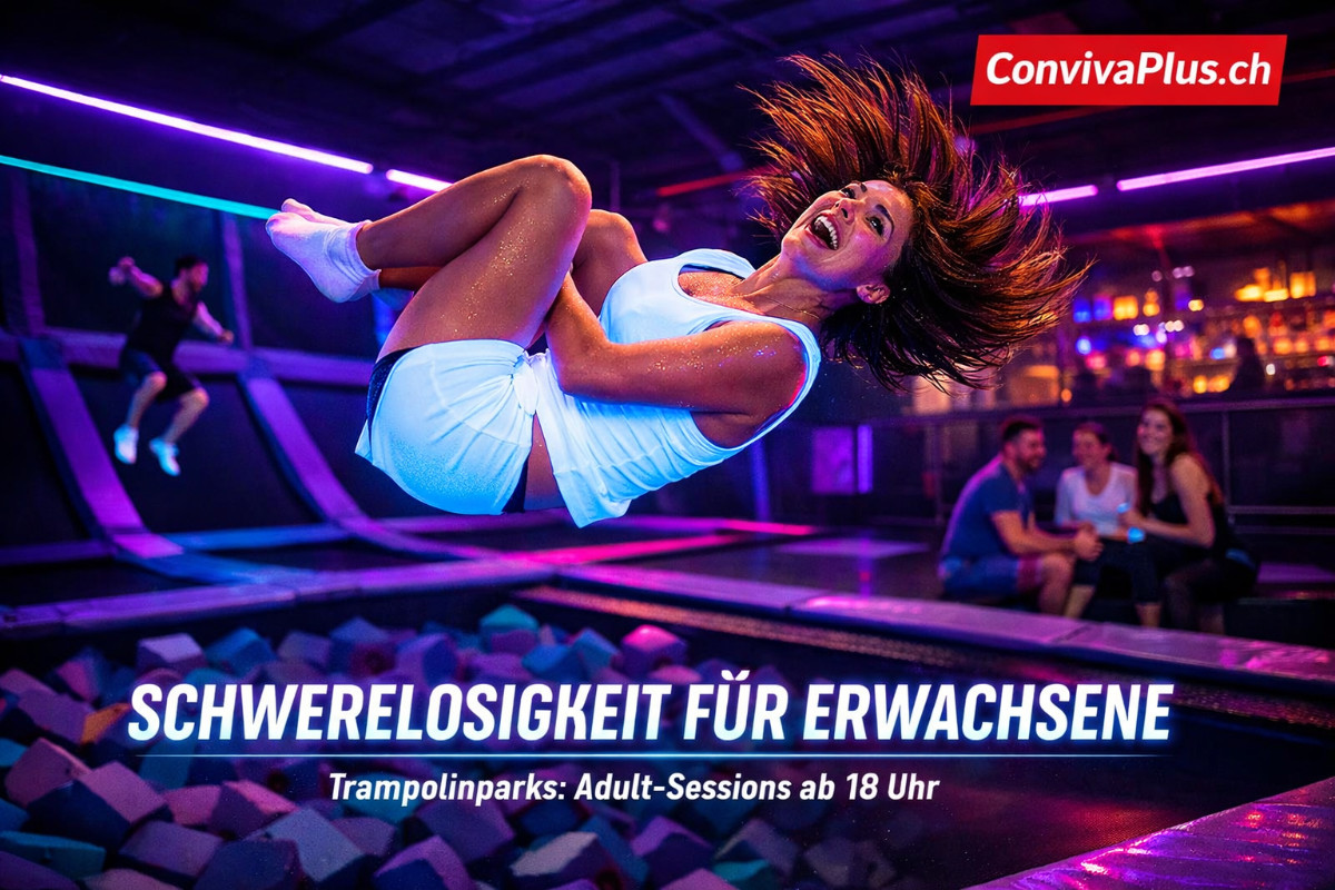 Trampolinpark Adult-Session in der Schweiz: Erwachsene Frau macht R&uuml;ckw&auml;rtssalto mit wehendem Haar, purer Freude im Gesicht, neonbeleuchtete Arena in Lila und Cyan. Schaumstoffgrube unten, Bar im Hintergrund. Schwerelosigkeit f&uuml;r Erwachsene.