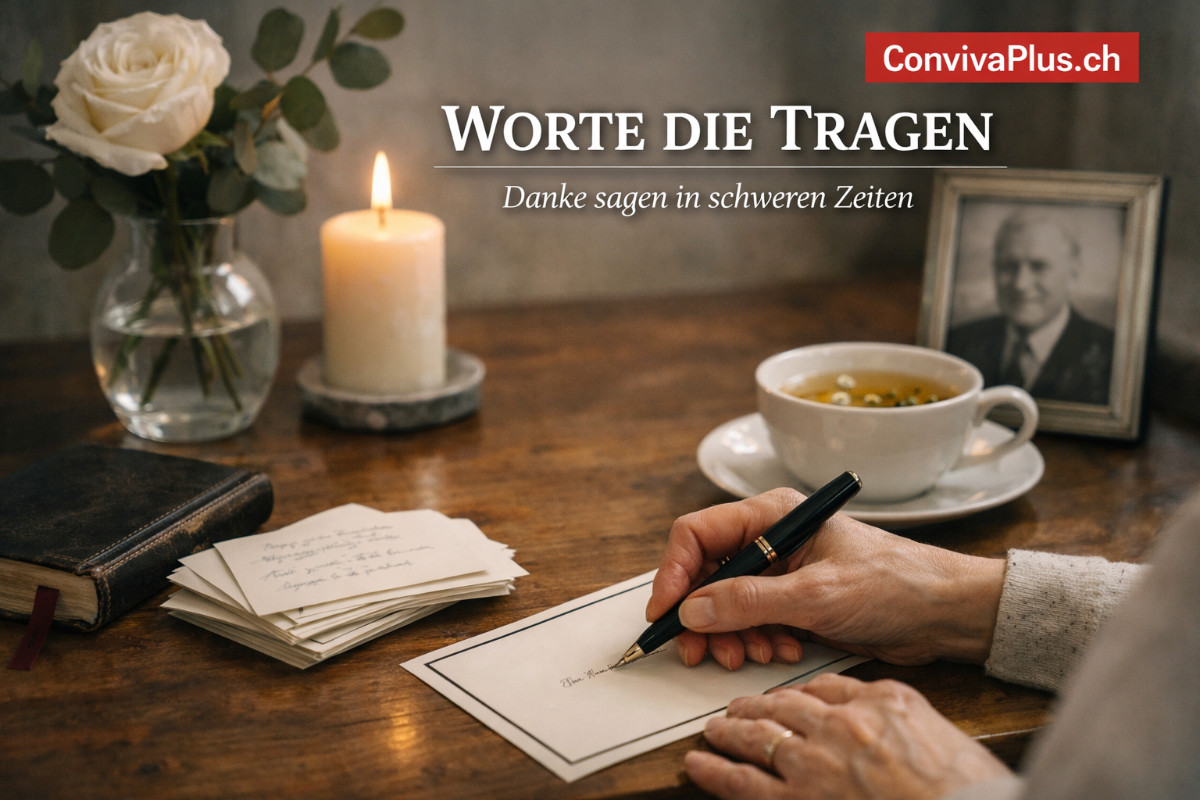 W&uuml;rdevolle Szene einer handgeschriebenen Trauerdanksagung bei Kerzenlicht. Weisse Blumen, altes Foto im Rahmen und Tasse Tee auf Holztisch. Stille, hoffnungsvolle Atmosph&auml;re f&uuml;r Dankesschreiben nach Kondolenz.