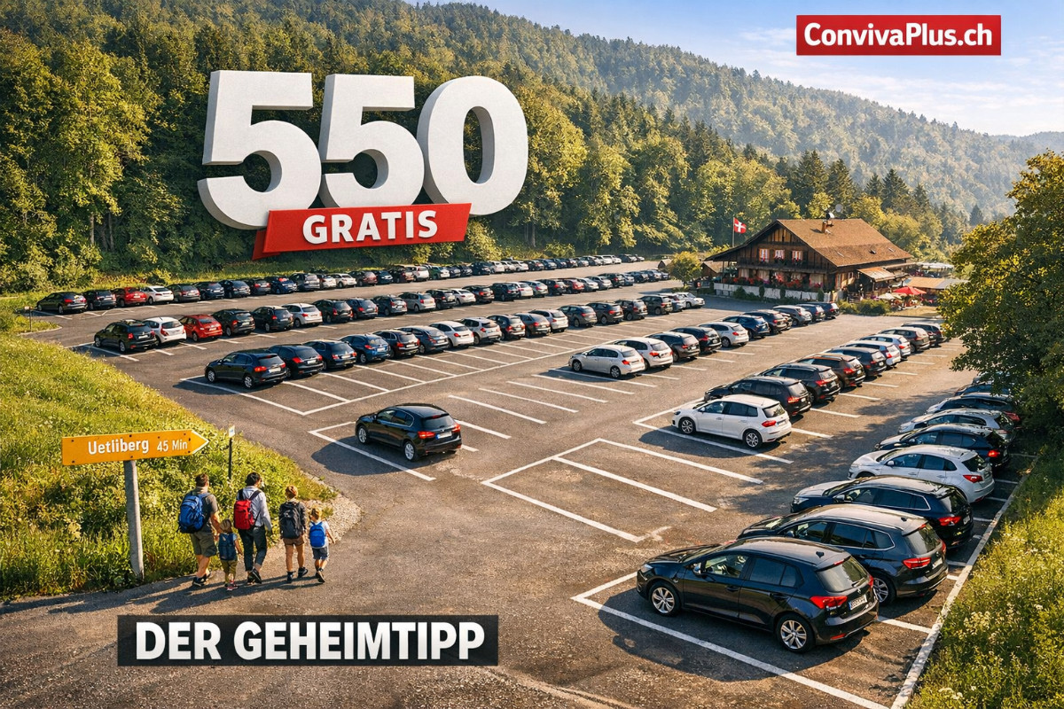 Luftaufnahme des riesigen Gratis-Parkplatzes beim Gasthaus Albisg&uuml;tli am Uetliberg mit &uuml;ber 550 kostenlosen Stellpl&auml;tzen. Autos ordentlich geparkt zwischen gr&uuml;nen Wiesen und Waldrand, im Hintergrund der bewaldete Uetliberg-Grat. Der bestgeh&uuml;tete Parkplatz-Geheimtipp f&uuml;r Z&uuml;richs Hausberg.