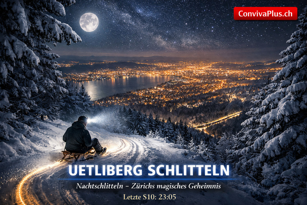 Nachtschlitteln am Uetliberg: Magische Atmosphäre mit den funkelnden Lichtern der Stadt Zürich Nachtschlitteln am Uetliberg mit Blick auf die Lichter von Zürich