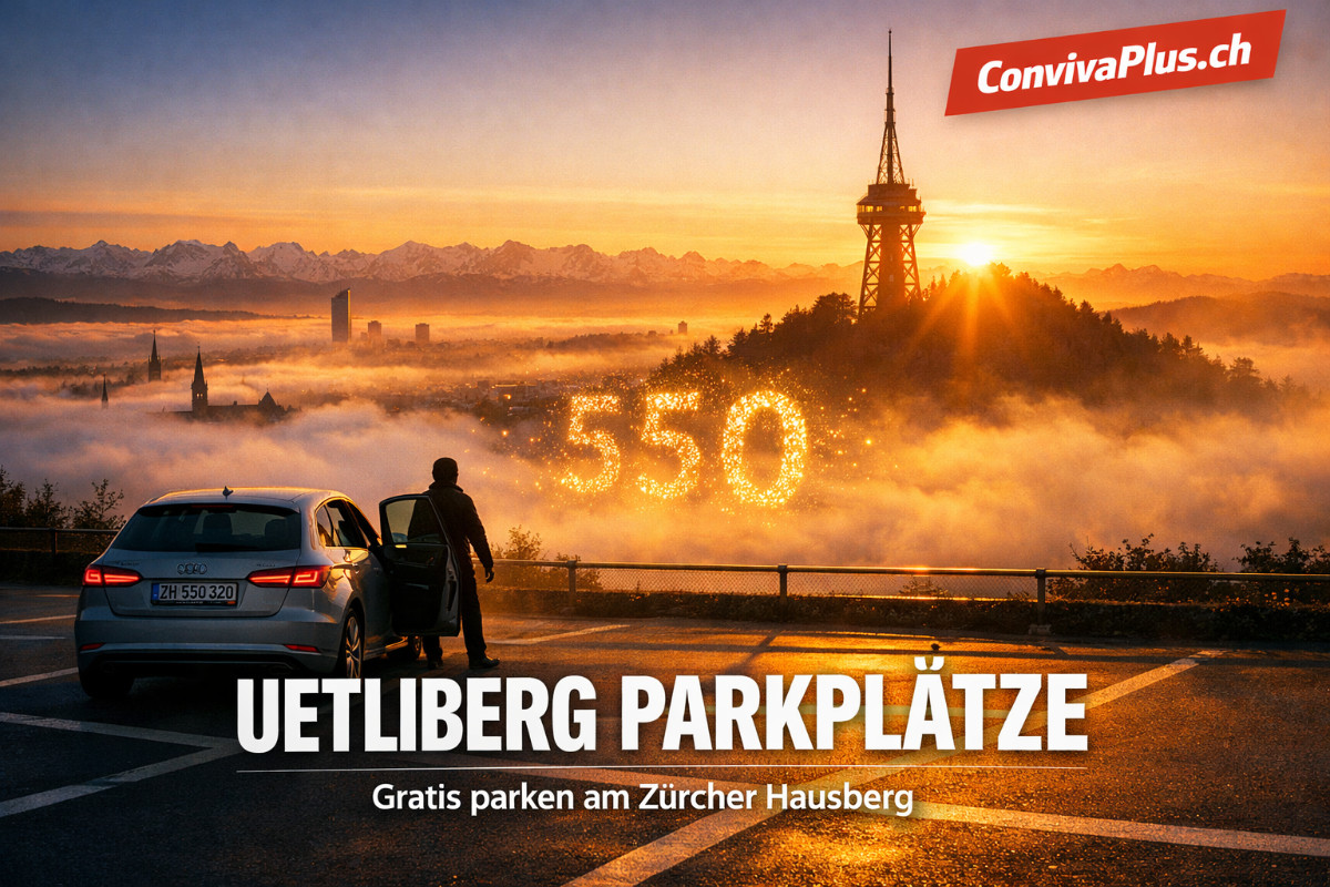 Dramatische Morgenstimmung am Uetliberg mit Blick &uuml;ber das Nebelmeer auf Z&uuml;rich. Im Vordergrund ein geparktes Auto auf dem Parkplatz Feldermoos, dahinter die aufgehende Sonne hinter dem Aussichtsturm. Der Z&uuml;rcher Hausberg in goldenem Licht als Symbol f&uuml;r stressfreies Parkieren und perfekte Ausfl&uuml;ge.