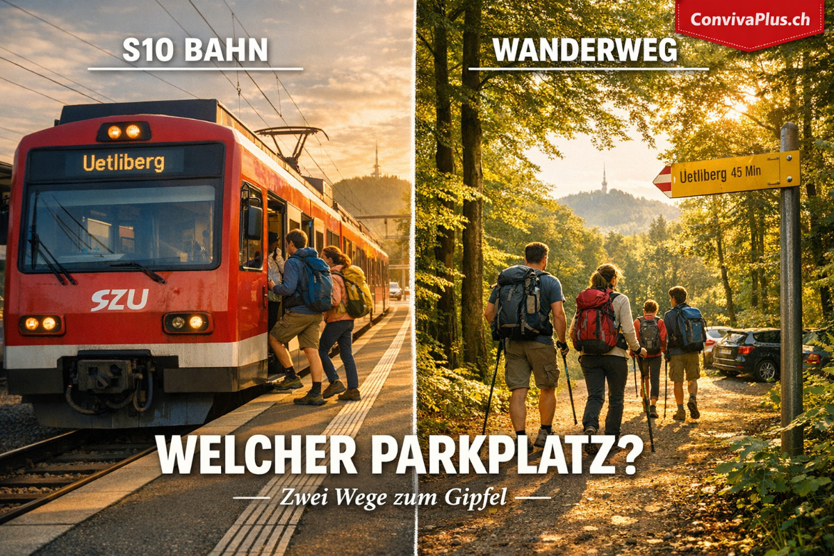 Split-Screen-Vergleich der beiden wichtigsten Uetliberg-Parkpl&auml;tze: Links Feldermoos mit S10-Bahn zur Bergstation, rechts Albisg&uuml;etli als Startpunkt f&uuml;r Wanderungen. Visuelle Entscheidungshilfe f&uuml;r die Wahl des richtigen Parkplatzes je nach Ausflugsziel am Z&uuml;rcher Hausberg.
