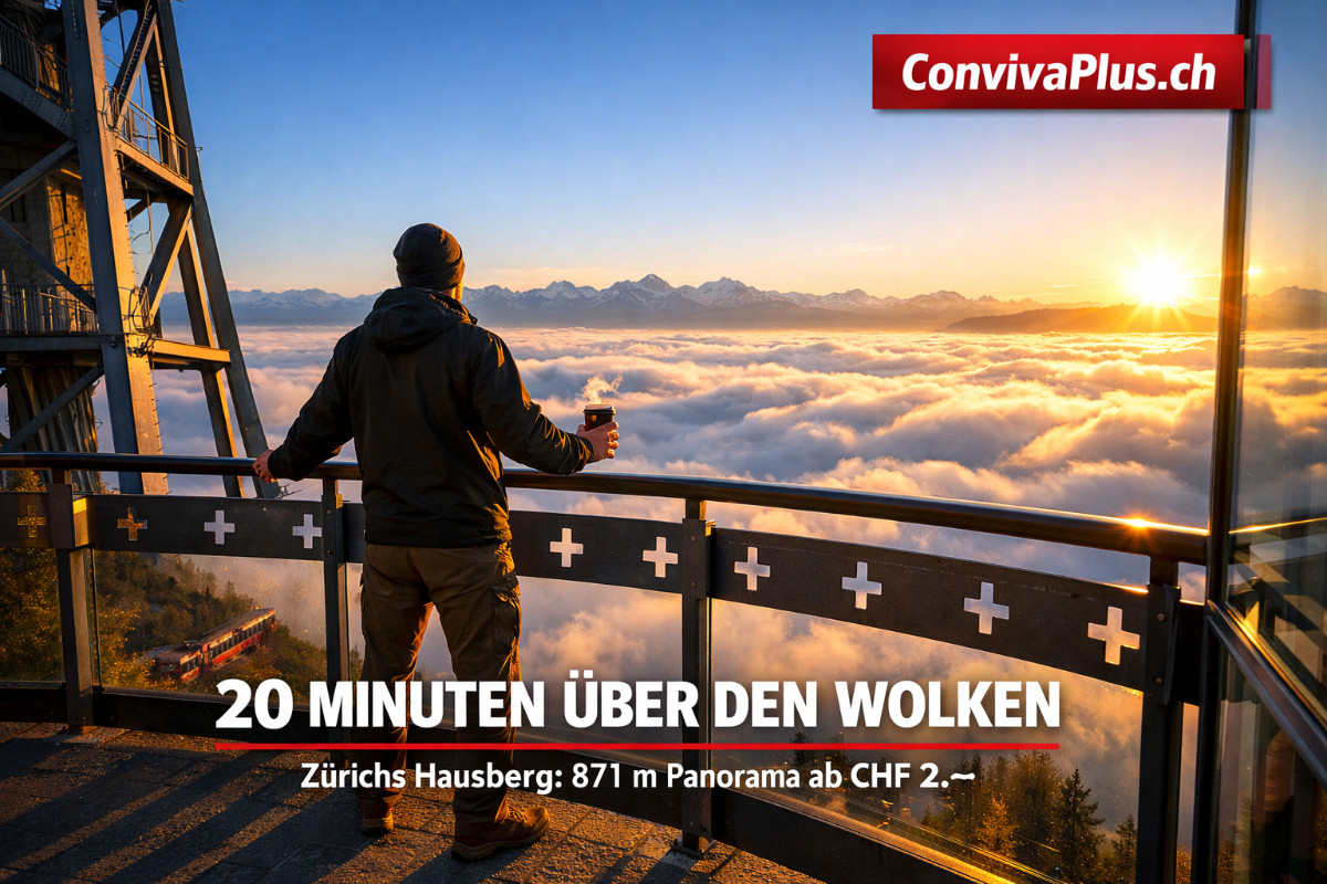 Silhouette einer Person auf dem Uetliberg-Aussichtsturm bei Sonnenuntergang ueber einem endlosen Nebelmeer - Zuerich liegt unsichtbar unter den Wolken waehrend auf 871 Metern die Sonne scheint - dramatische Goldstunde mit Alpenblick am Horizont