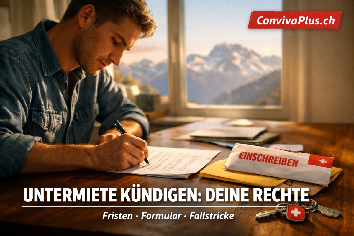 Junge Person unterschreibt Kündigungsschreiben für Untermietvertrag in moderner Schweizer Wohnung. Einschreiben-Brief und Wohnungsschlüssel auf Holztisch, Alpenblick durch Fenster. Szene zeigt den entscheidenden Moment der rechtssicheren Kündigung eines WG-Zimmers oder möblierten Zimmers in der Schweiz.