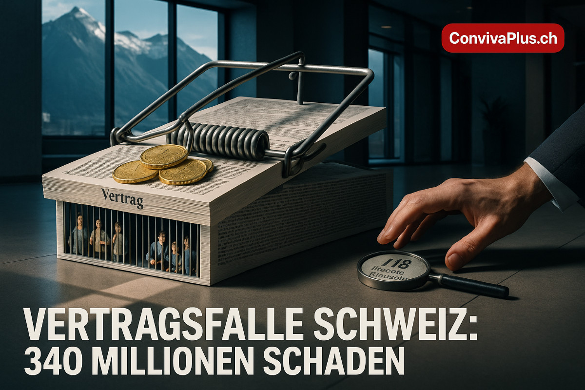 Dramatische Visualisierung einer überdimensionalen Mausefalle aus Schweizer Verträgen und AGB-Dokumenten mit goldenen Franken als Köder. Kleine Figuren von Schweizer Familien sind hinter Gittern aus Kleingedrucktem gefangen, während eine Hand nach den Münzen greift. Im Hintergrund moderne Schweizer Bankarchitektur mit Alpen. Rotes ConvivaPlus.ch Logo oben rechts. Schlagzeile: Vertragsfalle Schweiz - 340 Millionen Schaden