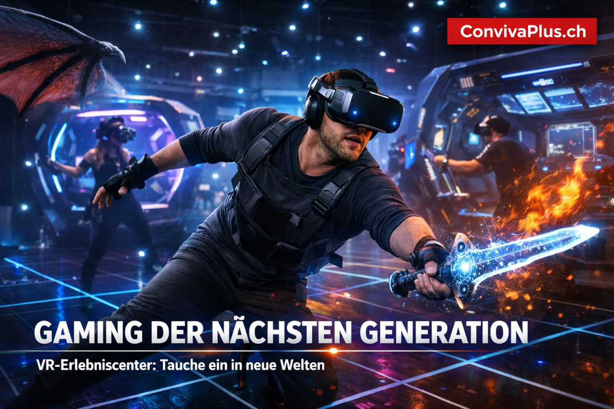 VR-Erlebniscenter in der Schweiz: Erwachsener mit High-End-VR-Brille in dynamischer Pose, Neon-Gitterlinien am Boden, holografische Fragmente virtueller Welten sichtbar. Futuristische Gaming-Arena mit mehreren Spielstationen.