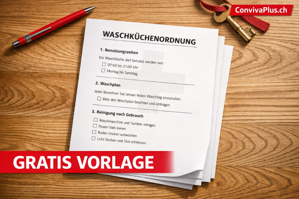 Professionelle Waschk&uuml;chenordnung Muster-Vorlage auf Holzschreibtisch: A4-Dokument mit strukturierten Regeln zu Benutzungszeiten, Waschplan und Reinigungspflichten, daneben roter Kugelschreiber und Waschk&uuml;chenschl&uuml;ssel - kostenlose Word und PDF Vorlage zum Download.