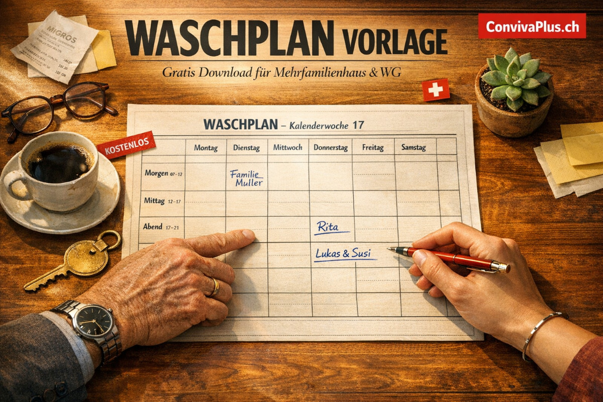 Waschplan Vorlage auf Holztisch mit zwei Nachbarn die gemeinsam Waschzeiten koordinieren - Draufsicht auf professionelle Waschk&uuml;chenplan-Vorlage mit Wochentagen und Zeitslots neben Waschk&uuml;chenschl&uuml;ssel und Kaffeetasse