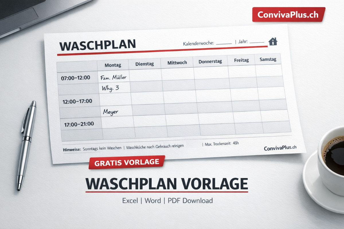 Waschplan Vorlage Muster: Gratis Download für Excel Word PDF | Wochenplan mit Zeitslots | ConvivaPlus.ch Waschplan Vorlage Muster mit Wochenübersicht Montag bis Samstag und drei Zeitslots pro Tag - professionelle Waschküchenplan-Vorlage zum kostenlosen Download für Mehrfamilienhaus mit Beispieleinträgen und Hinweisfeld