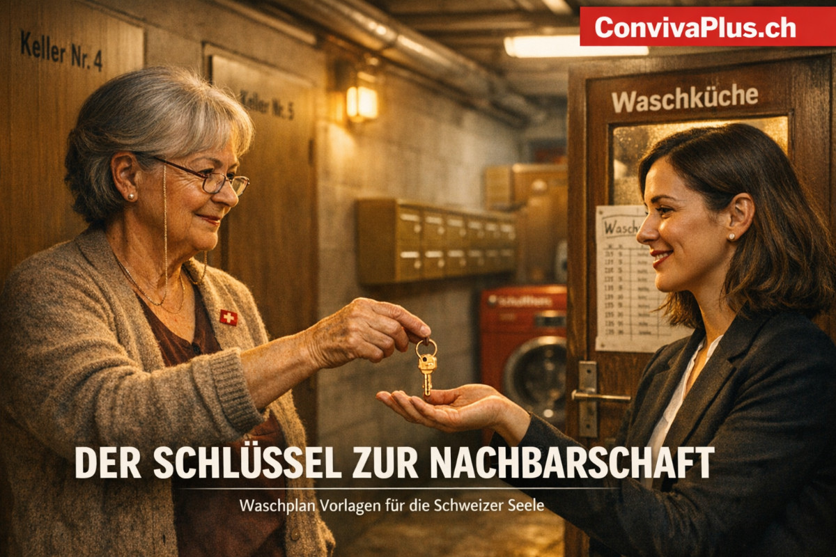 Waschplan Vorlage Schweiz: Der Waschküchenschlüssel als Symbol für Nachbarschaft | Gratis Muster für Mehrfamilienhaus | ConvivaPlus.ch Ältere Schweizer Nachbarin übergibt Waschküchenschlüssel an jüngere Mieterin im Keller eines Mehrfamilienhauses - symbolische Szene für Schweizer Nachbarschaftsdemokratie und Waschplan-Tradition mit Blick auf typische Kellerwaschküche