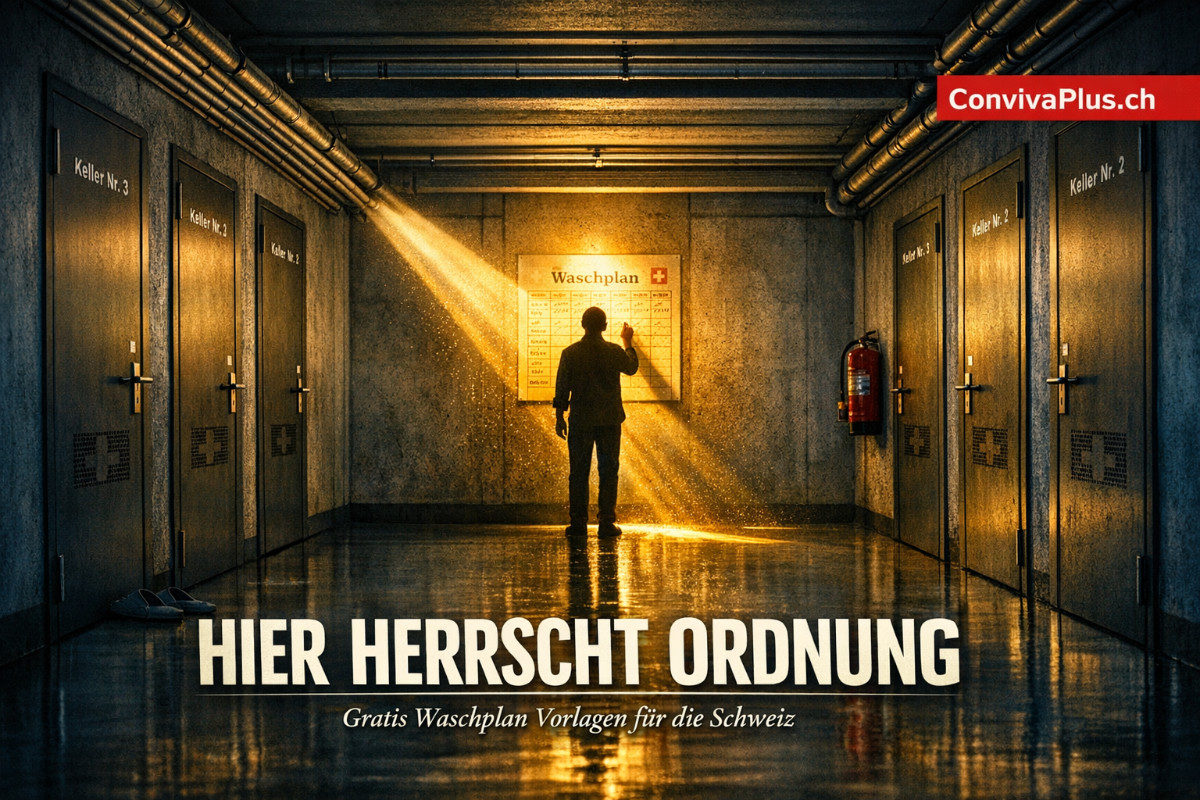 Dramatische Aufnahme eines Schweizer Mehrfamilienhaus-Kellerkorridors mit beleuchtetem Waschplan am Ende - cinematische Symmetrie zeigt die kulturelle Bedeutung der Schweizer Waschk&uuml;chenordnung als Symbol f&uuml;r Nachbarschaft und Demokratie