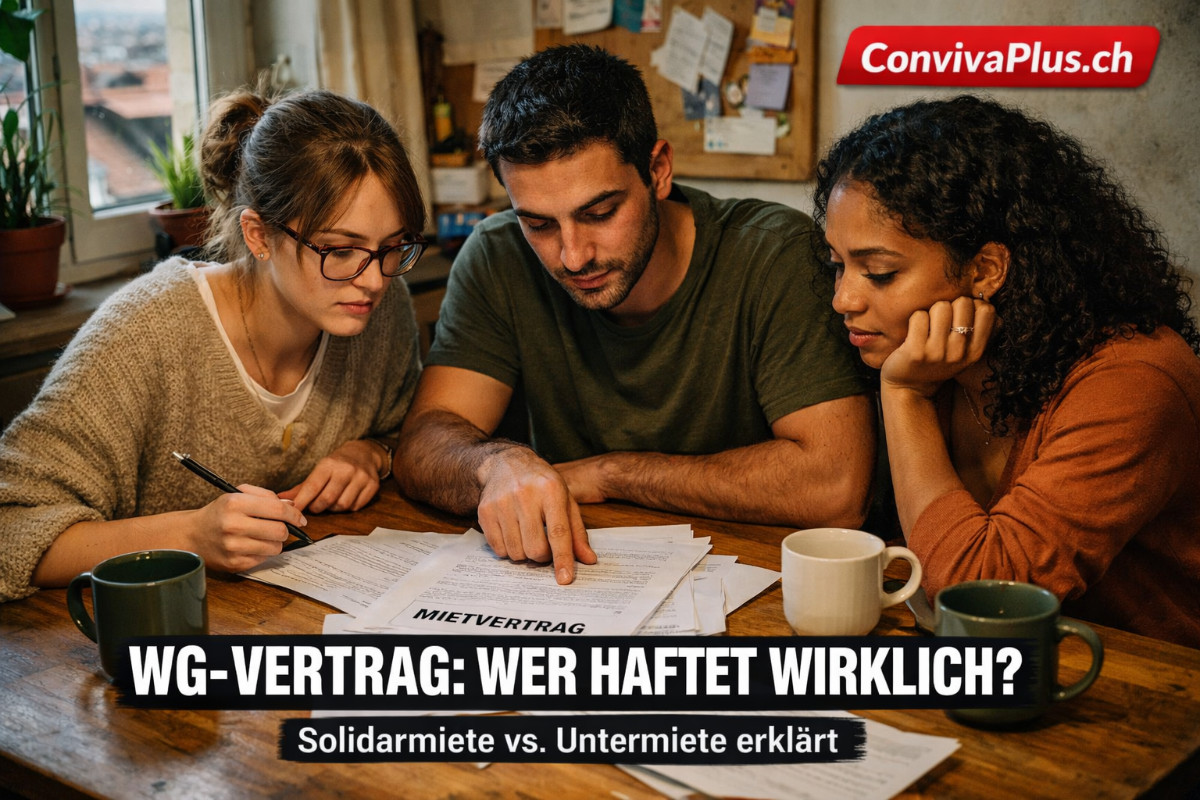 Drei junge Mitbewohner sitzen in einer Schweizer WG-Küche am Tisch und studieren gemeinsam ihren Mietvertrag. Authentische Szene zeigt die wichtige Frage: Wer steht im Vertrag und wer haftet? Solidarmiete bedeutet gemeinsame Haftung aller Bewohner für die gesamte Miete.