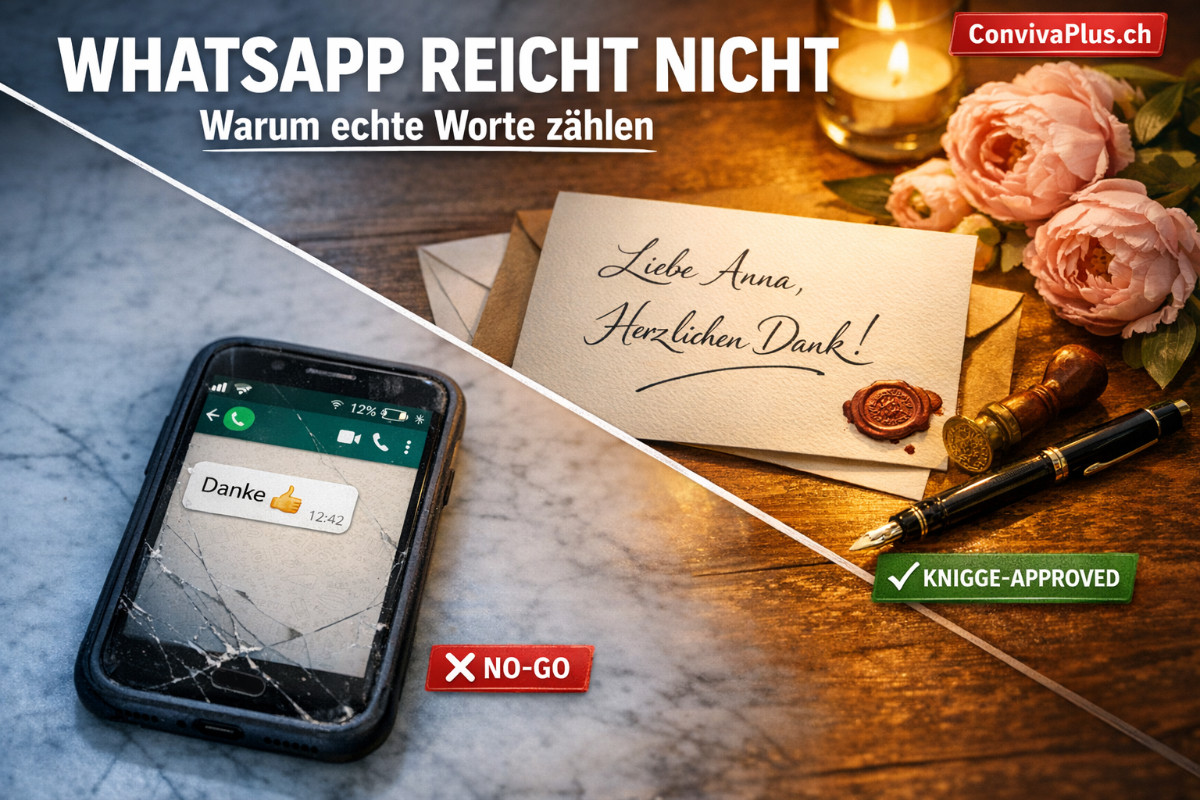 Visueller Vergleich: Smartphone mit unpers&ouml;nlicher WhatsApp-Nachricht im Vordergrund, elegante handgeschriebene Dankeskarte mit Wachssiegel im Hintergrund. &Uuml;berschrift: WhatsApp reicht nicht - Warum echte Worte z&auml;hlen. Knigge-Etikette visualisiert.