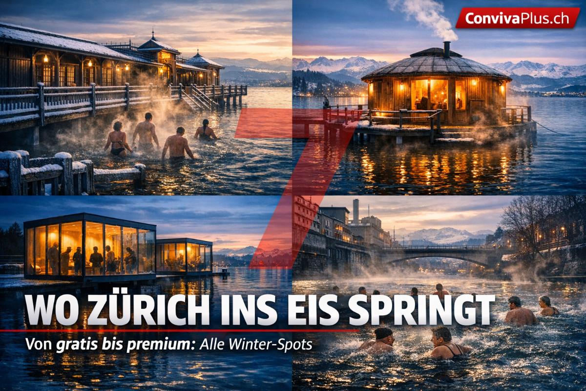 Vierteiliges Bild zeigt Zuercher Winterschwimm-Spots: historisches Holzbad Utoquai am Zuerichsee, neue Sauna-Jurten in Richterswil, moderne Glas-Cubes in Kuessnacht und urbanes Limmatschwimmen am Letten. Dampf steigt von mutigen Eisschwimmern auf, winterliche Morgenstimmung mit Alpenblick.