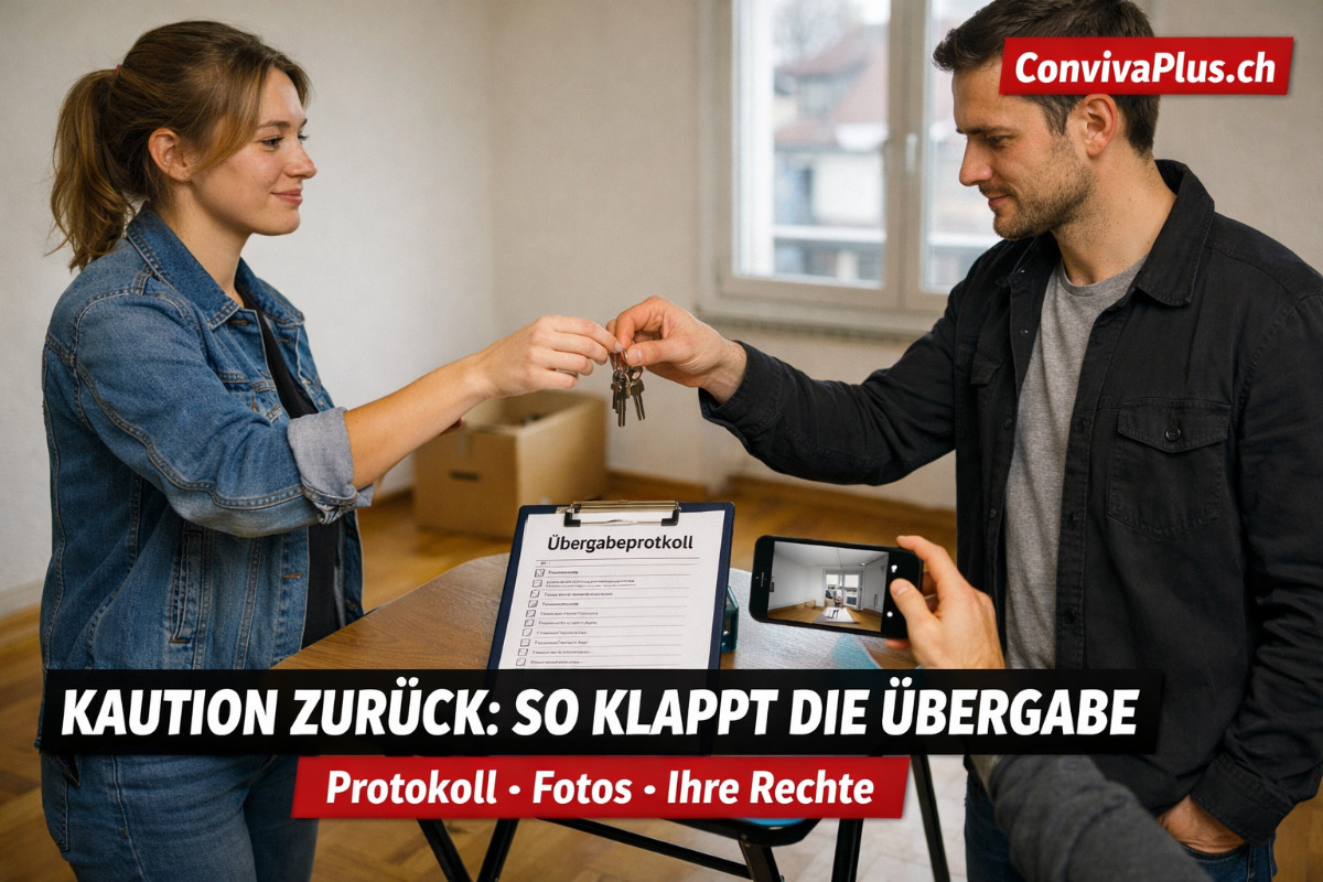 Wohnungsübergabe in der Schweiz: Mieterin übergibt Schlüssel an Hauptmieter in leerem, sauberem Zimmer. Auf dem Tisch liegt das Übergabeprotokoll, ein Smartphone dokumentiert den Zustand. Szene zeigt den korrekten Ablauf für die Rückerstattung der Mietkaution bei Beendigung eines Untermietverhältnisses.
