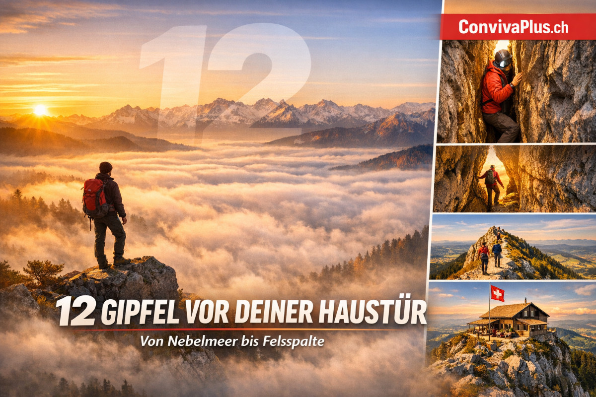Collage der sch&ouml;nsten Z&uuml;rcher Berge: Nebelmeer-Panorama vom Uetliberg bei Sonnenaufgang, Wanderer im engen Bachtelspalt, L&auml;gern-Gratwanderung und H&ouml;rnli-Gipfel mit Bergrestaurant. 12 Aussichtsberge von 694 bis 1291 Meter f&uuml;r Tagesausfl&uuml;ge ab Z&uuml;rich.