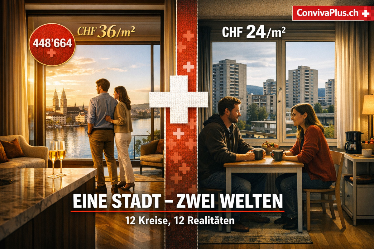Split-Screen-Visualisierung der Z&uuml;rcher Mietpreis-Realitaet: Links luxurioese Seefeld-Wohnung mit Seeblick fuer CHF 36 pro Quadratmeter, rechts Schwamendingen-Wohnung fuer CHF 24 pro Quadratmeter. Beide Seiten zeigen junge Paare in ihrem Zuhause. Titel: Eine Stadt - Zwei Welten. Infografik zeigt 448664 Einwohner in 12 Kreisen.