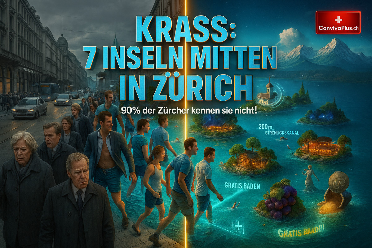 Split-Screen Sensation: Links Zürich Bahnhofstrasse Menschenmassen, rechts 7 versteckte Paradiesinseln im Zürichsee. Ufenau Kloster, Lützelau Camping, Werdinsel Flussbad, Bauschänzli, Au, Saffa, Schönenwirt. Magische Transformation von Stadtstress zu Inselparadies.