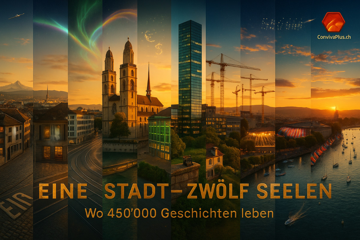 Eine Stadt - Zwölf Seelen: Zürichs 12 Kreise meisterhaft visualisiert | 450000 Geschichten | ConvivaPlus.ch Revolutionäre Visualisierung Zürich: 12 Kreise als Zeitreise-Panorama. 450000 Einwohner von Altstadt bis Schwamendingen. Jeder Stadtkreis ein eigenes Universum. Prime Tower trifft Grossmünster. Limmat verbindet alle Quartiere.