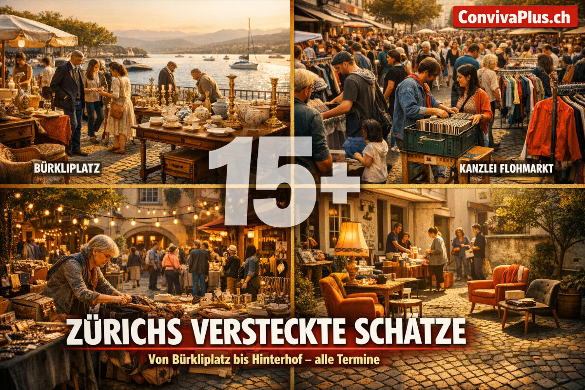 Collage der besten Z&uuml;rcher Flohm&auml;rkte: B&uuml;rkliplatz am See mit Antiquit&auml;ten, Kanzlei-Flohmarkt am Helvetiaplatz mit 300 Verk&auml;ufern, Rosenhof-Markt im Altstadt-Innenhof und innovativer Kreisflohmi in Privatg&auml;rten. &Uuml;ber 15 verschiedene Flohmarkt-Konzepte in Z&uuml;rich von M&auml;rz bis Dezember.
