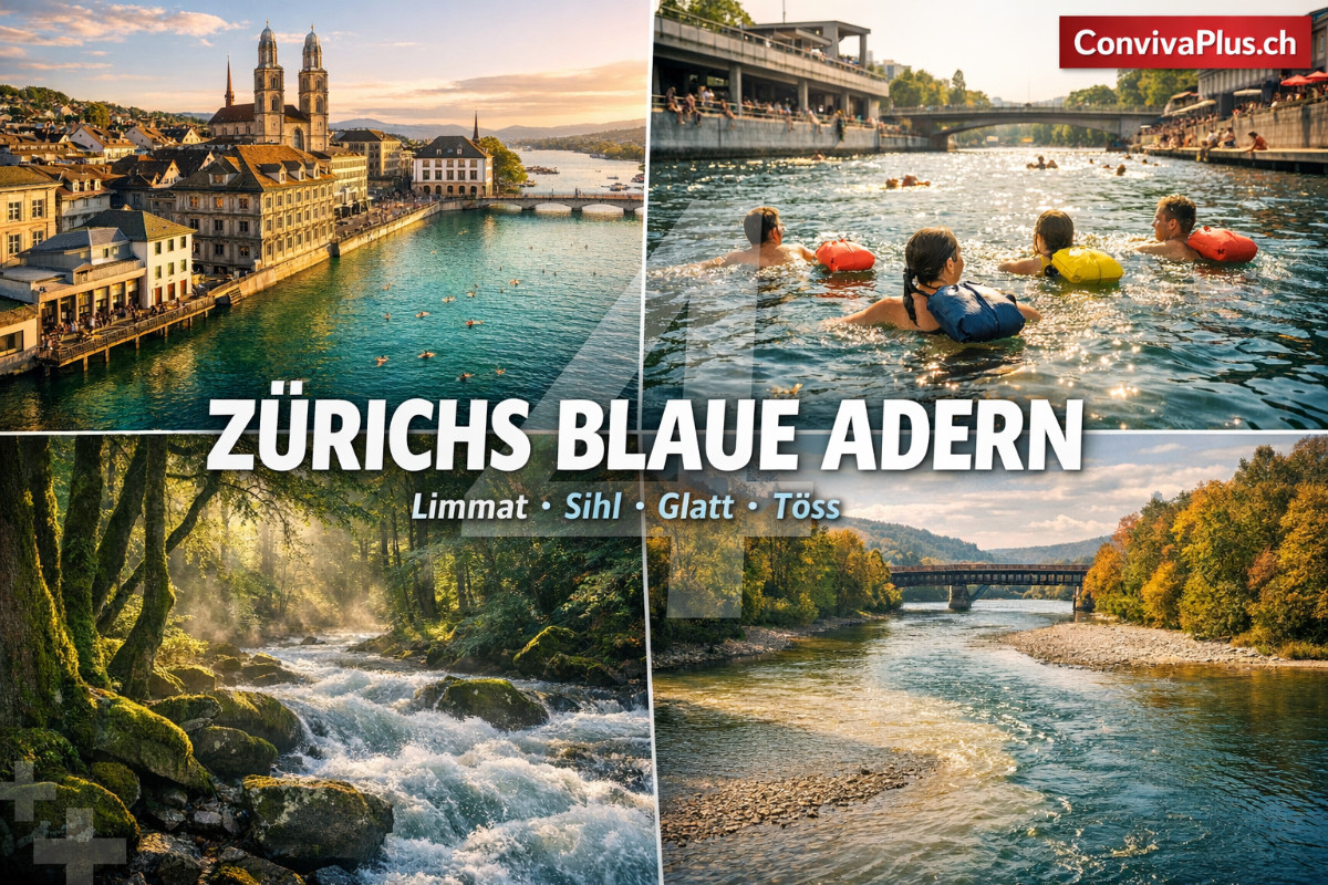 Vierteilige Bildcollage der Z&uuml;rcher Fl&uuml;sse: Limmat durch die Altstadt mit Grossm&uuml;nster, Schwimmer im Flussbad Letten, wilder Sihlwald mit uralten B&auml;umen, T&ouml;ss-M&uuml;ndung in den Rhein bei T&ouml;ssegg. Die vier Hauptfl&uuml;sse des Kantons Z&uuml;rich mit insgesamt &uuml;ber 200 km L&auml;nge bieten Erholung, Badem&ouml;glichkeiten und Wanderwege.