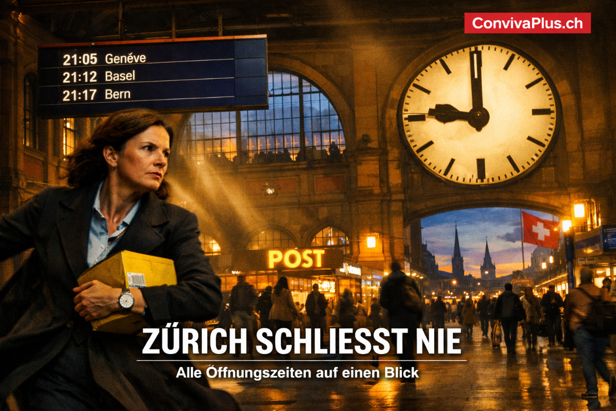 Dramatische Abendstimmung im Zürcher Hauptbahnhof: Geschäftsfrau mit Post-Paket eilt durch die Halle während die Bahnhofsuhr 20:59 zeigt. Goldenes Licht strömt durch die historischen Bogenfenster, Pendler in Bewegung. Schweizer Effizienz trifft urbane Dringlichkeit - das ikonische Bild für alle Öffnungszeiten in Zürich.